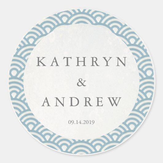 Japanse Seigaiha Waves Custom Names+Date Weddensch Ronde Sticker (Voorkant)