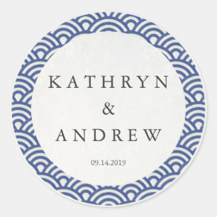 Japanse Seigaiha Waves Custom Names+Date Weddensch Ronde Sticker
