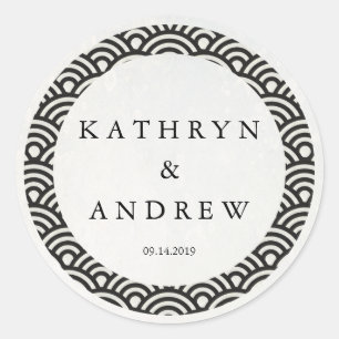 Japanse Seigaiha Waves Custom Names+Date Weddensch Ronde Sticker