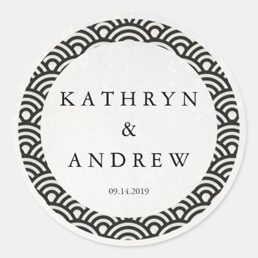 Japanse Seigaiha Waves Custom Names+Date Weddensch Ronde Sticker (Voorkant)