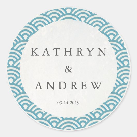 Japanse Seigaiha Waves Custom Names+Date Weddensch Ronde Sticker (Voorkant)