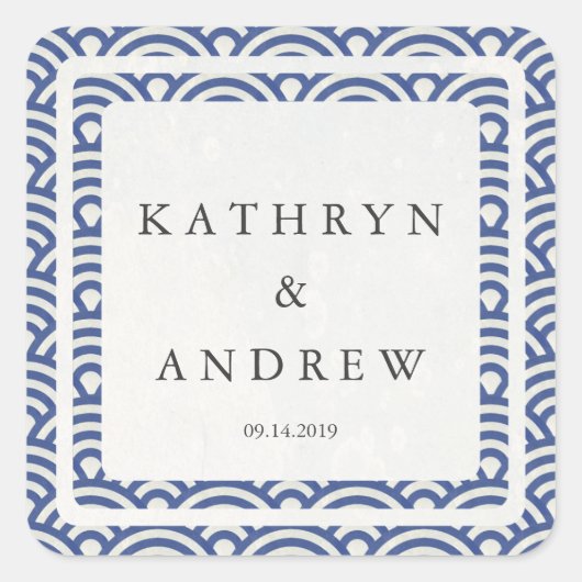 Japanse Seigaiha Waves Custom Names+Date Weddensch Vierkante Sticker (Voorkant)