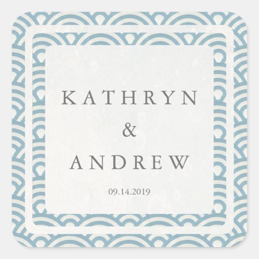 Japanse Seigaiha Waves Custom Names+Date Weddensch Vierkante Sticker (Voorkant)
