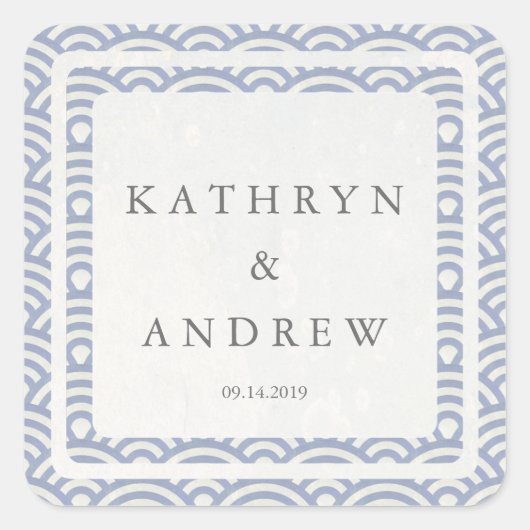 Japanse Seigaiha Waves Custom Names+Date Weddensch Vierkante Sticker (Voorkant)