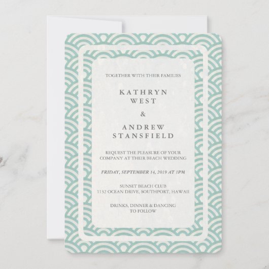 Japanse Seigaiha Waves Elegant Beach Wedding Kaart (Voorkant)