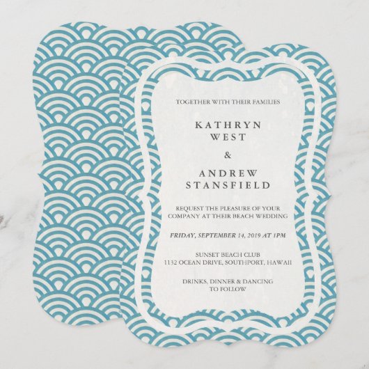 Japanse Seigaiha Waves Elegant Beach Wedding Kaart (Voorkant / Achterkant)