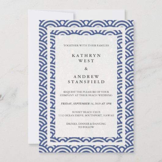 Japanse Seigaiha Waves Elegant Beach Wedding Kaart (Voorkant)
