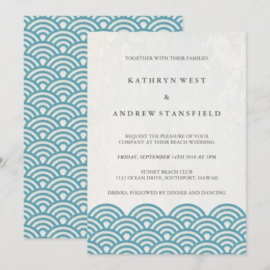 Japanse Seigaiha Waves Elegant Beach Wedding Kaart (Voorkant / Achterkant)