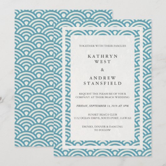 Japanse Seigaiha Waves Elegant Beach Wedding Kaart (Voorkant / Achterkant)