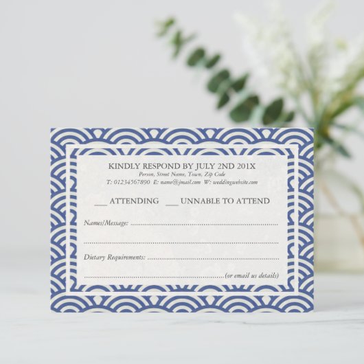 Japanse Seigaiha Waves Elegant Beach Wedding RSVP (Staand voorkant)