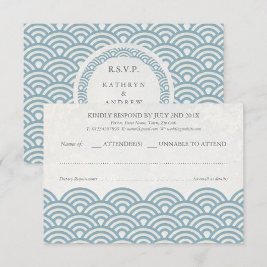 Japanse Seigaiha Waves Elegant Beach Wedding RSVP (Voorkant / Achterkant)
