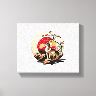 Japanse Shiba Inu Hond Zonsondergang Ukiyo e Stijl Canvas Afdruk