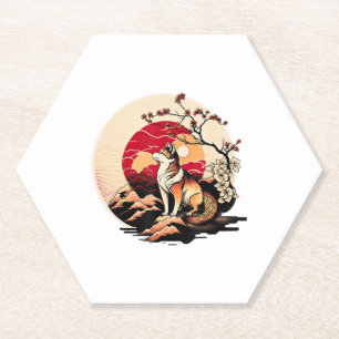 Japanse Shiba Inu Hond Zonsondergang Ukiyo e Stijl Kartonnen Onderzetters