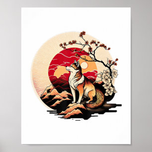 Japanse Shiba Inu Hond Zonsondergang Ukiyo e Stijl Poster