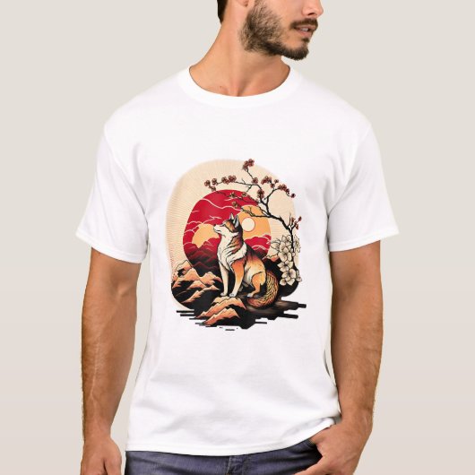 Japanse Shiba Inu Hond Zonsondergang Ukiyo e Stijl T-shirt (Voorkant)