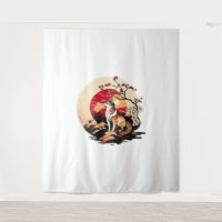 Japanse Shiba Inu Hond Zonsondergang Ukiyo e Stijl