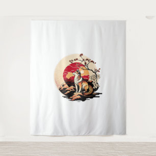 Japanse Shiba Inu Hond Zonsondergang Ukiyo e Stijl Wandkleed
