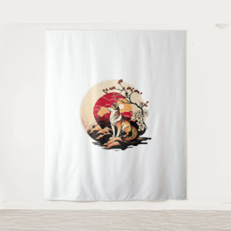 Japanse Shiba Inu Hond Zonsondergang Ukiyo e Stijl Wandkleed