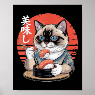 Japanse Siamese Kat Eet Sushi Kawaii Anime Kat Poster