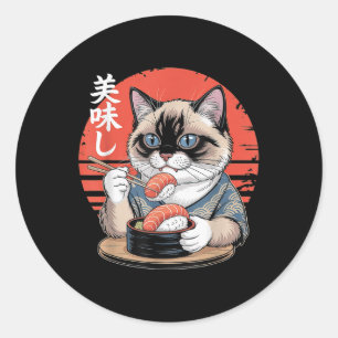 Japanse Siamese Kat Eet Sushi Kawaii Anime Kat Ronde Sticker