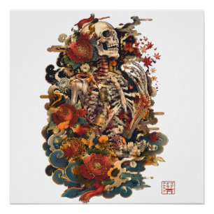 Japanse Skelet Kunst Gotische Bloemrijke Schedel Perfect Poster