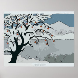 Japanse sneeuw, boom en berg poster