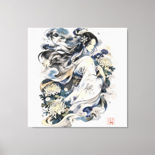 Japanse Sneeuwvrouw Kunst Winter Yokai in Kimono Canvas Afdruk