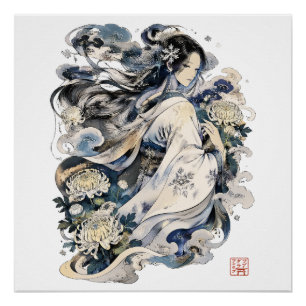 Japanse Sneeuwvrouw Kunst Winter Yokai in Kimono Perfect Poster