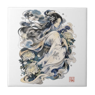 Japanse Sneeuwvrouw Kunst Winter Yokai in Kimono Tegeltje