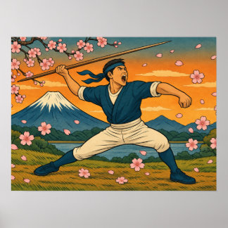 Japanse Spear Krijger Mount Fuji Poster