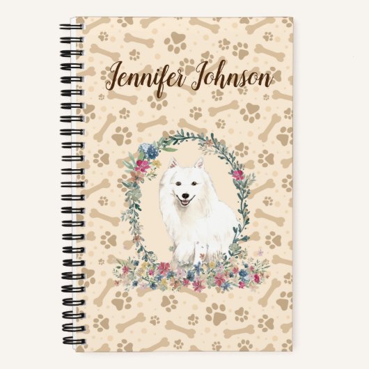 Japanse spitz Dog Paw-printer & Floral Cute Notitieboek (Voorkant)