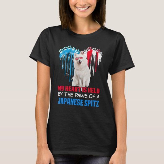 Japanse Spitz Hond Hart 4th van Juli Hond USA Vlag T-shirt (Voorkant)
