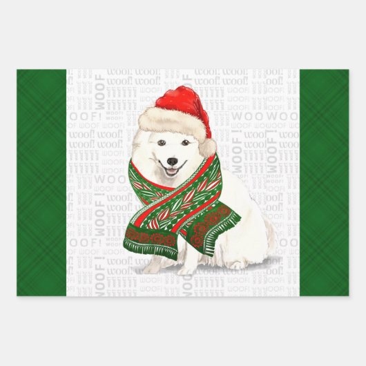 Japanse Spitz-kersthond en groene speldenstang Inpakpapier Vel (Voorkant)