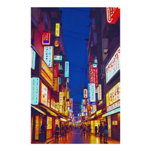 Japanse stadsstraat 's nachts foto afdruk