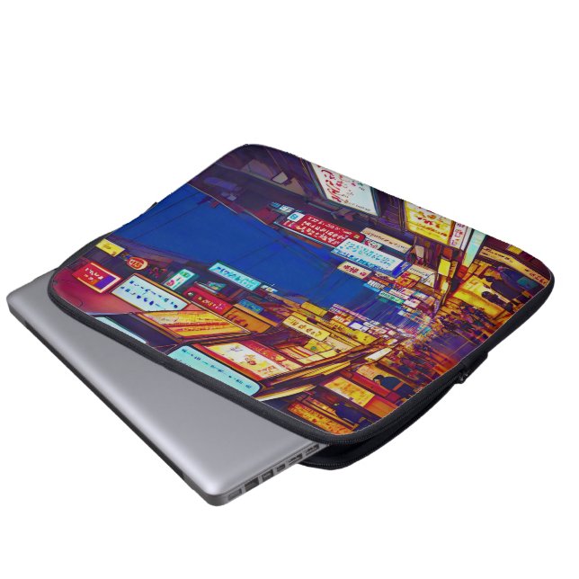 Japanse stadsstraat 's nachts laptop sleeve (Voorkant onderkant)