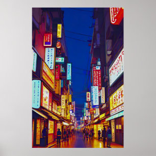 Japanse stadsstraat 's nachts poster
