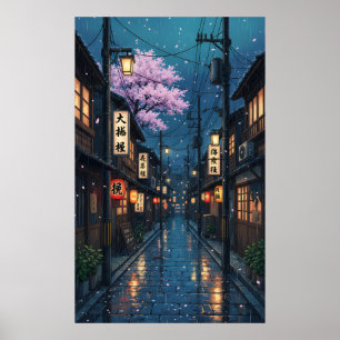 Japanse steeg regen nacht gezellig anime bloesem s poster