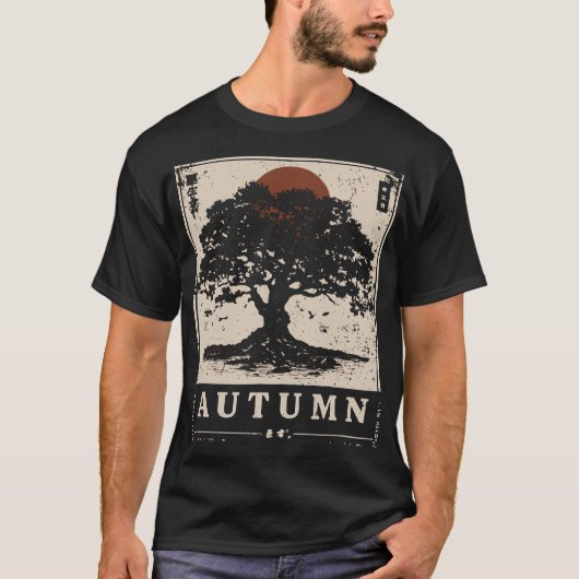 Japanse stijl Autumn Oak Tree Natuur Scene T-shirt (Voorkant)