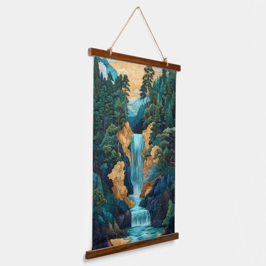Japanse stijl Cascading Green Waterfall Hangend Wandkleed (Gebogen)