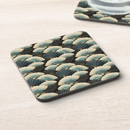 Japanse Stijl Crème Goud Blauwgroen Fan Print Bier Onderzetter (Linkerzijde)