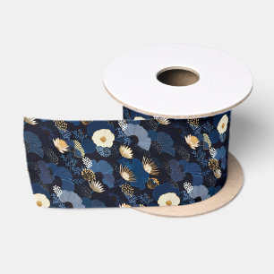 Japanse stijl elegante donkerblauwe bloem bloemrij satijnen lint
