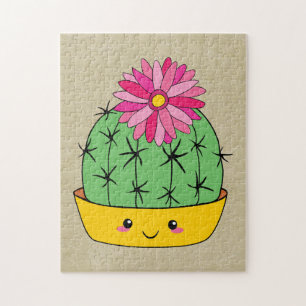 Japanse stijl Kawaii Cactus met bloem Cartoon Legpuzzel