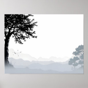 Japanse stijl landschapsontwerp in zwart en wit poster