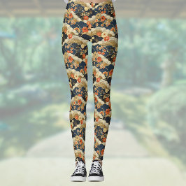 Japanse stijl Retro Blauwgroen Bloemen en Wolken P Leggings