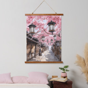 Japanse straat met Cherry Blossom Bomen Hangend Wandkleed