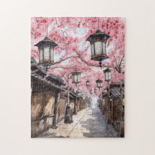 Japanse straat met Cherry Blossom Bomen Legpuzzel