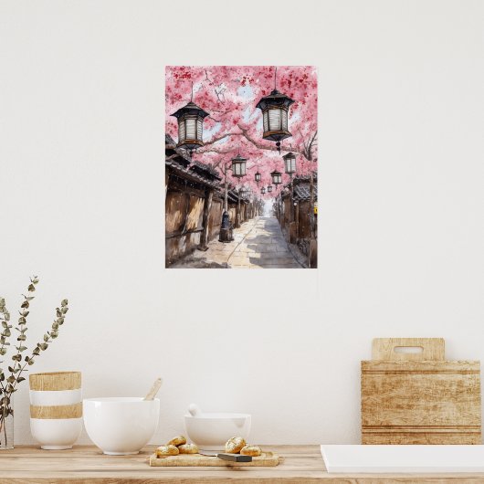 Japanse straat met Cherry Blossom Bomen Poster (Keuken)
