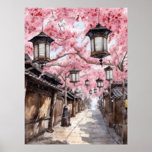Japanse straat met Cherry Blossom Bomen Poster (Voorkant)