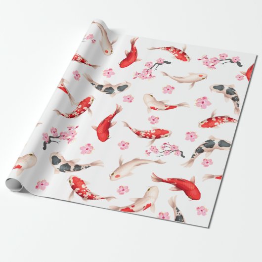 Japanse STROOM EN KOI FISH wit en rood Cadeaupapier (Uitgerold)