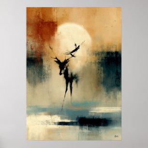 Japanse Sumi-E abstract herten muurkunst Maan Shik Poster
